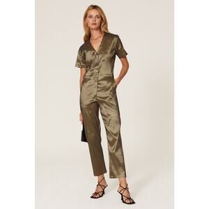 Rivet Utility Olive Green Explorer Satin V-Neck Straight Leg Jumpsuit Size Large